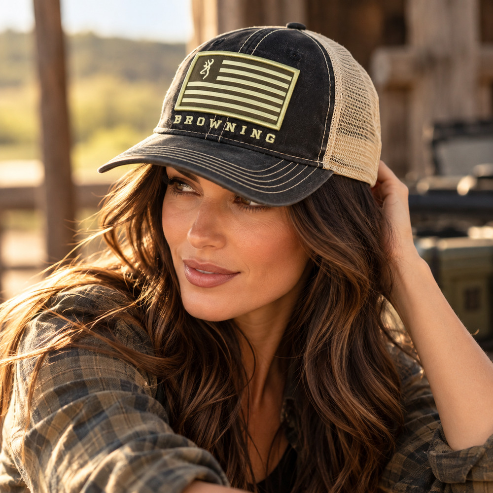 Browning Buckmark American Flag Trucker Hat Black Tan Mesh Snapback Hunting Cap